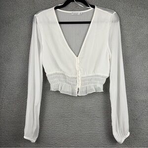 Stradivarius Top Medium White V-Neck Womens Smocked Lace Hem Sheer Crop Blouse